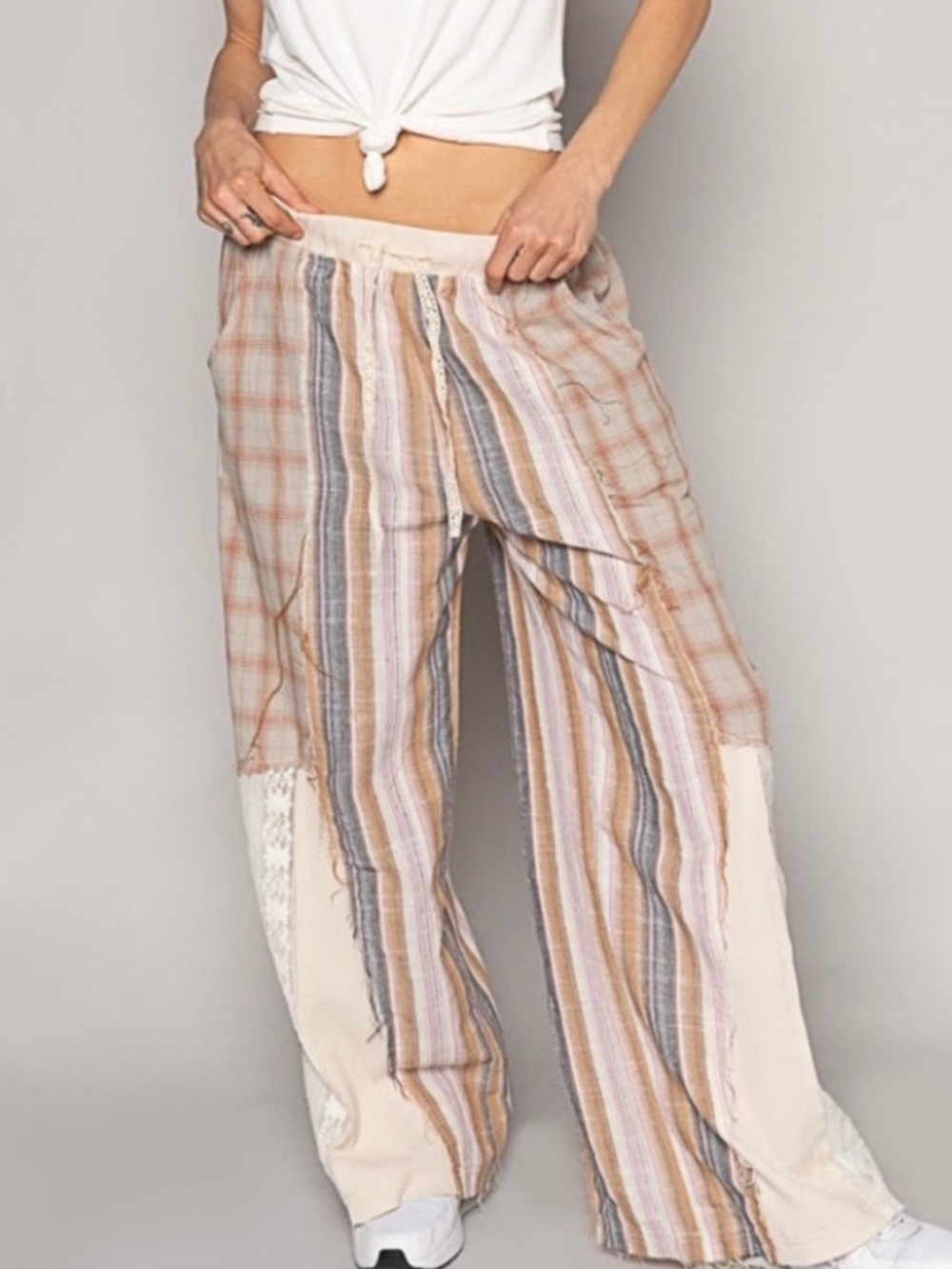 POL NEW relaxed fit patchwork cotton pants plaid, stripes, lace detail medium